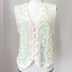 1980s Clarine Cottage/Grannycore White Sweater Vest Pastel Ribbon Embroidery Med